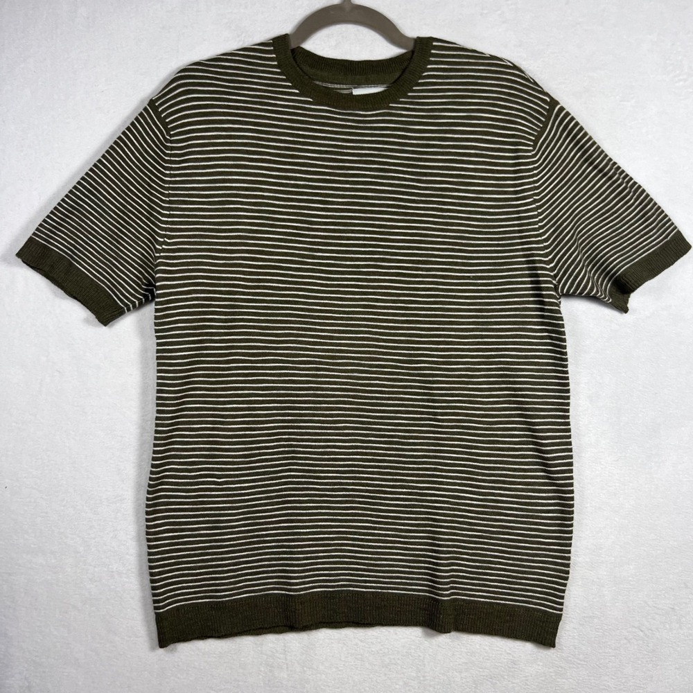 American Eagle Mens Striped Short Sleeve Knit Sweater Olive Green White Small